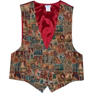 Vintage 90s Backroad Blues Tapestry Vest Postcard Stamp Travel Print Size L USA